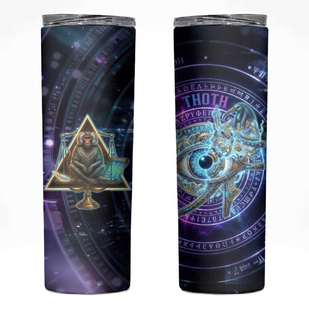 Thoth Ancient Egyptian Cosmic Skinny Tumbler with Sacred Eye and Baboon Symbol Theme