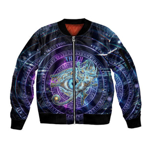 Thoth Ancient Egyptian Cosmic Sleeve Zip Bomber Jacket with Sacred Eye and Baboon Symbol Theme