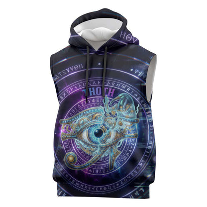 Thoth Ancient Egyptian Cosmic Sleeveless Hoodie with Sacred Eye and Baboon Symbol Theme