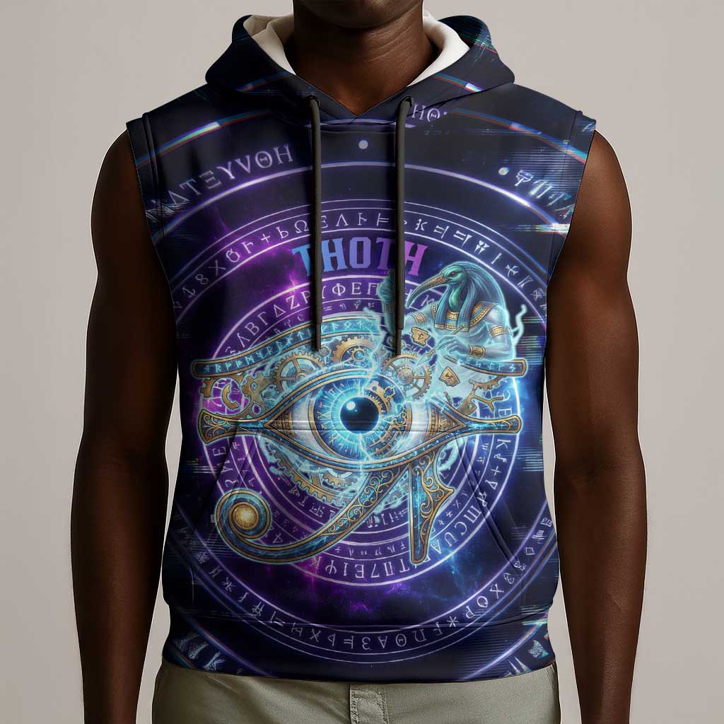 Thoth Ancient Egyptian Cosmic Sleeveless Hoodie with Sacred Eye and Baboon Symbol Theme