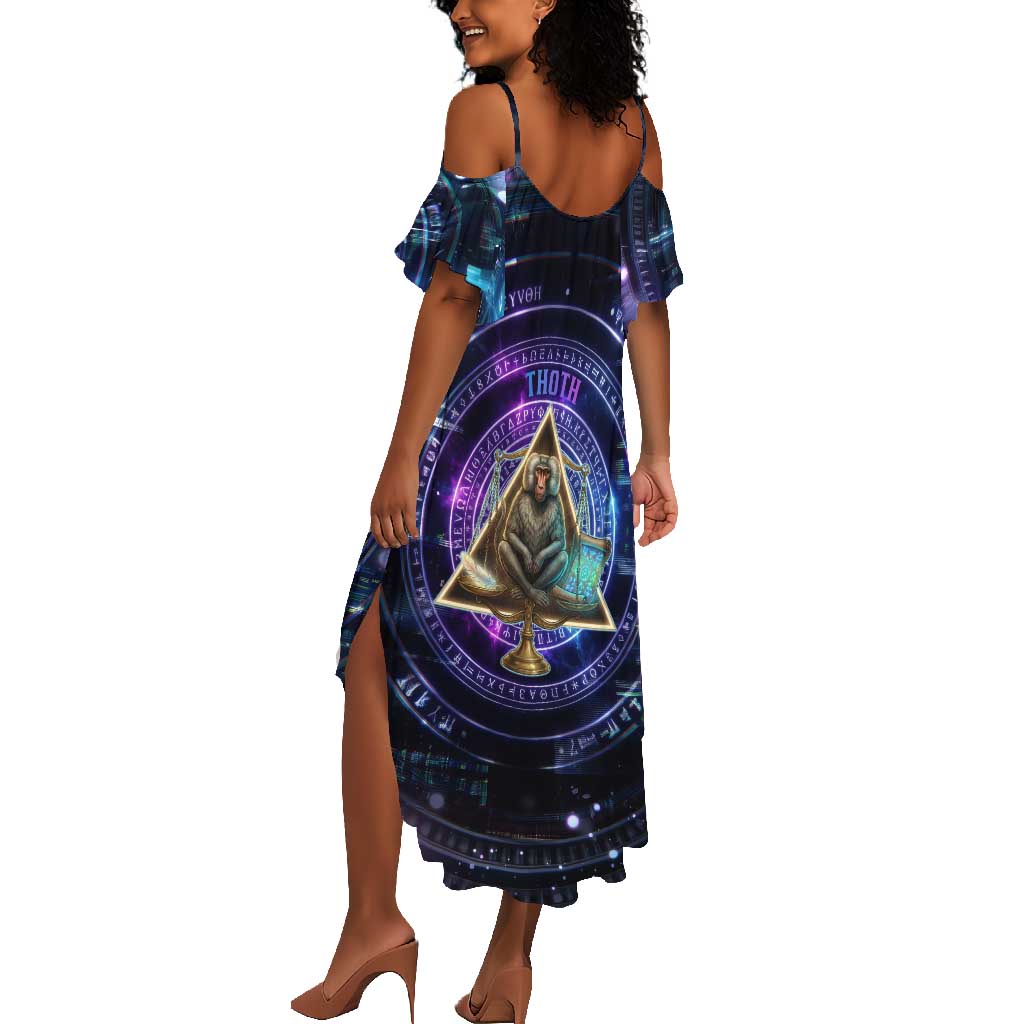 Thoth Ancient Egyptian Cosmic Summer Maxi Dress with Sacred Eye and Baboon Symbol Theme