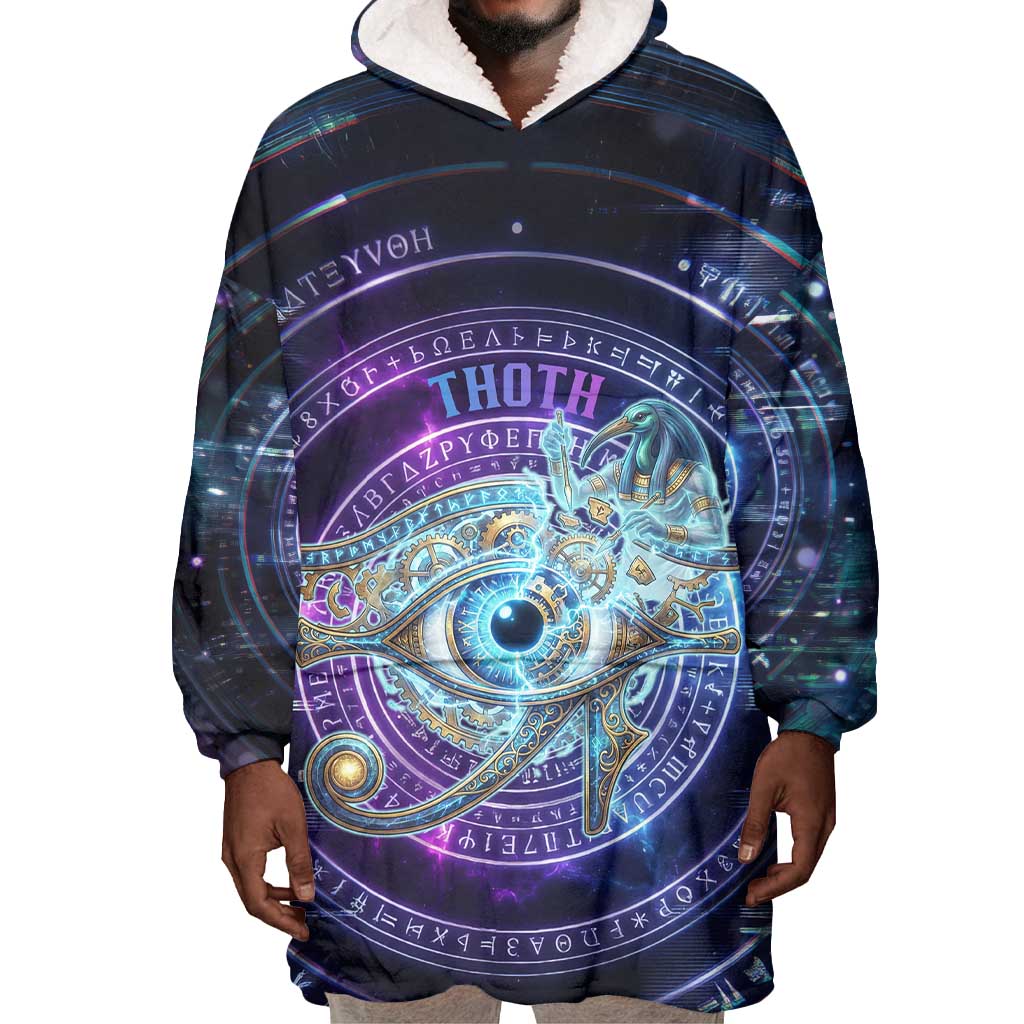 Thoth Ancient Egyptian Cosmic Wearable Blanket Hoodie with Sacred Eye and Baboon Symbol Theme