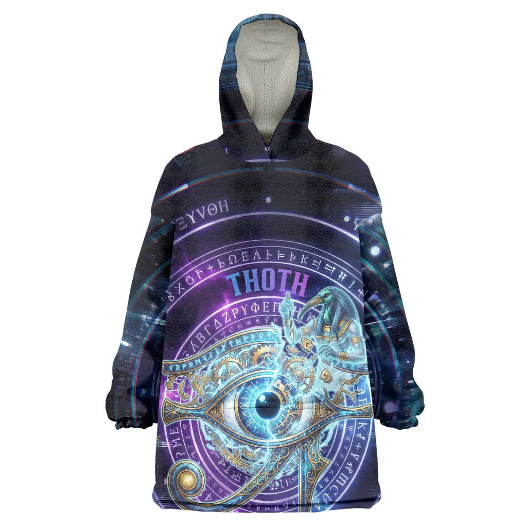 Thoth Ancient Egyptian Cosmic Wearable Blanket Hoodie with Sacred Eye and Baboon Symbol Theme