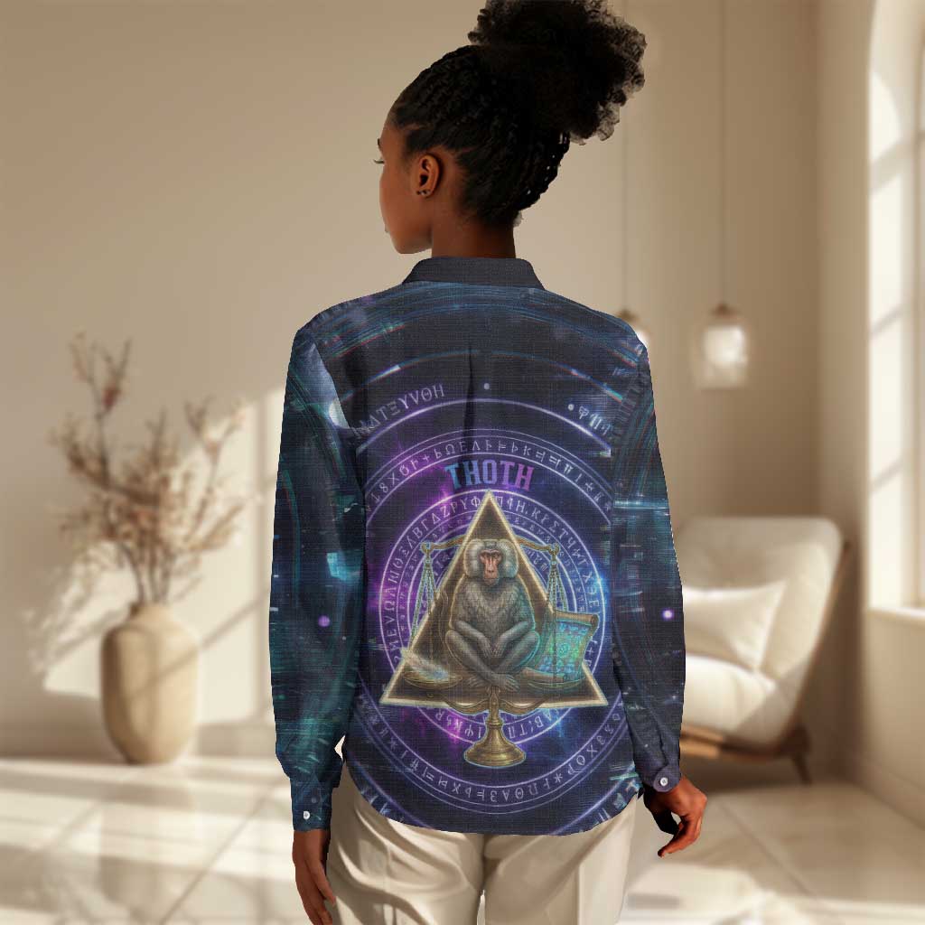 Thoth Ancient Egyptian Cosmic Women Casual Shirt with Sacred Eye and Baboon Symbol Theme