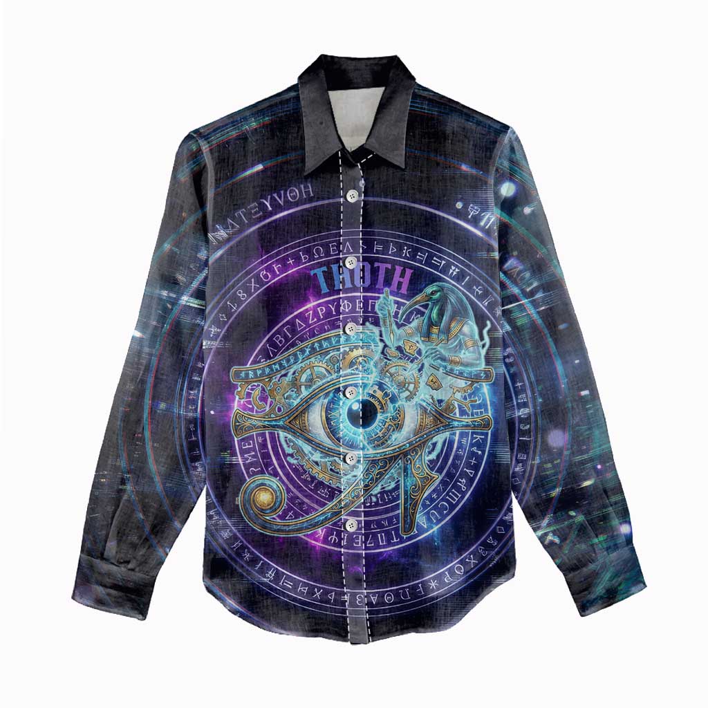 Thoth Ancient Egyptian Cosmic Women Casual Shirt with Sacred Eye and Baboon Symbol Theme