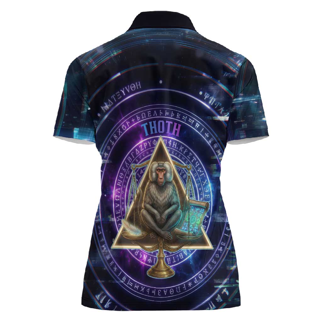 Thoth Ancient Egyptian Cosmic Women Polo Shirt with Sacred Eye and Baboon Symbol Theme