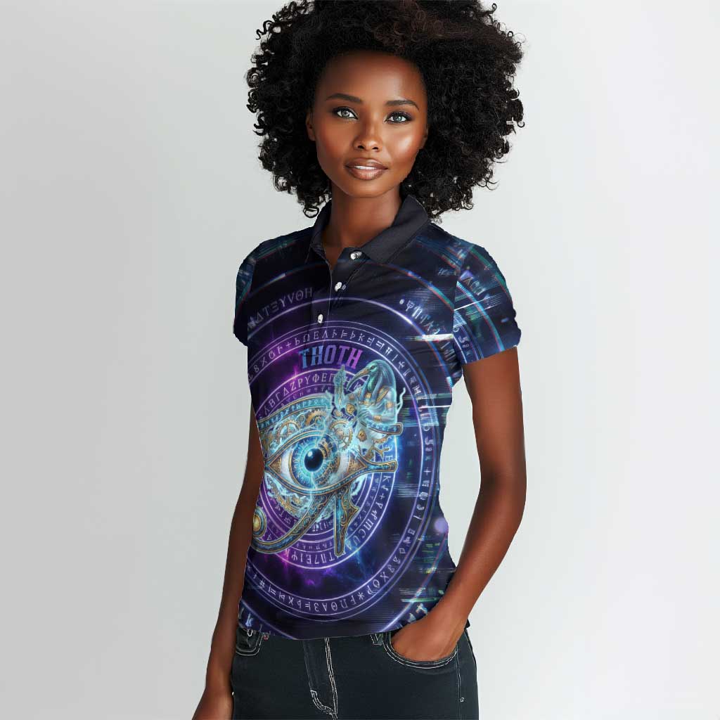 Thoth Ancient Egyptian Cosmic Women Polo Shirt with Sacred Eye and Baboon Symbol Theme