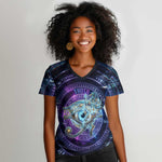 Thoth Ancient Egyptian Cosmic Women V-Neck T-Shirt with Sacred Eye and Baboon Symbol Theme