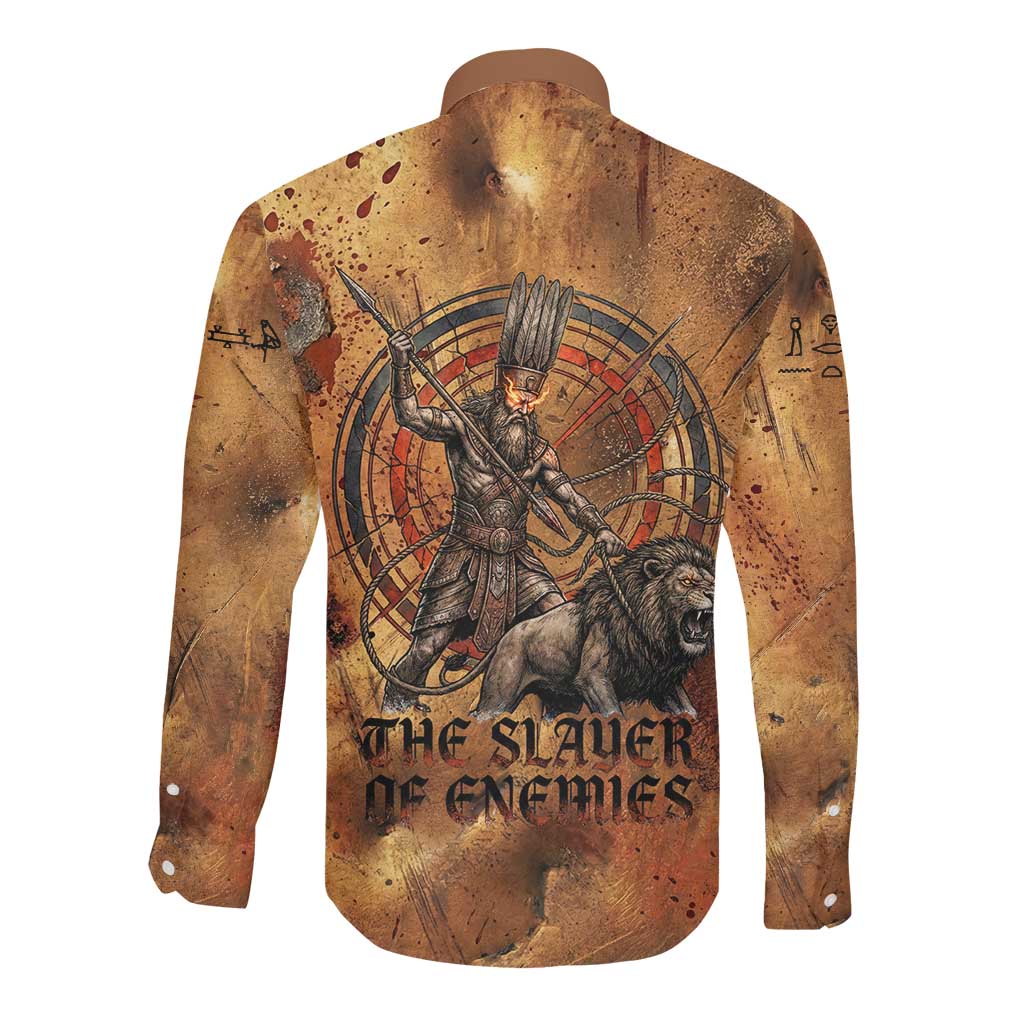 Onuris Long Sleeve Button Shirt Egyptian War God Slayer of Enemies Spear Lion Ancient Battle