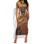 Onuris Short Sleeve Bodycon Dress Egyptian War God Slayer of Enemies Spear Lion Ancient Battle