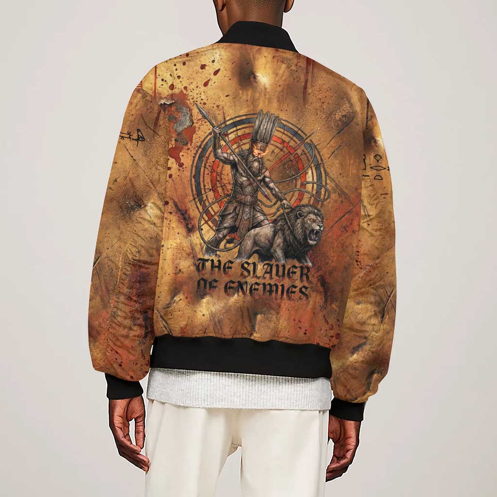 Onuris Sleeve Zip Bomber Jacket Egyptian War God Slayer of Enemies Spear Lion Ancient Battle