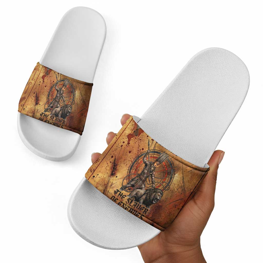 Onuris Slide Sandals Egyptian War God Slayer of Enemies Spear Lion Ancient Battle