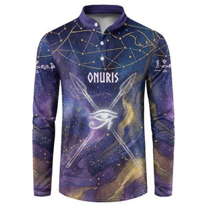Onuris Button Sweatshirt Cosmic Warrior Egyptian God Eye of Horus Spears Starry Night