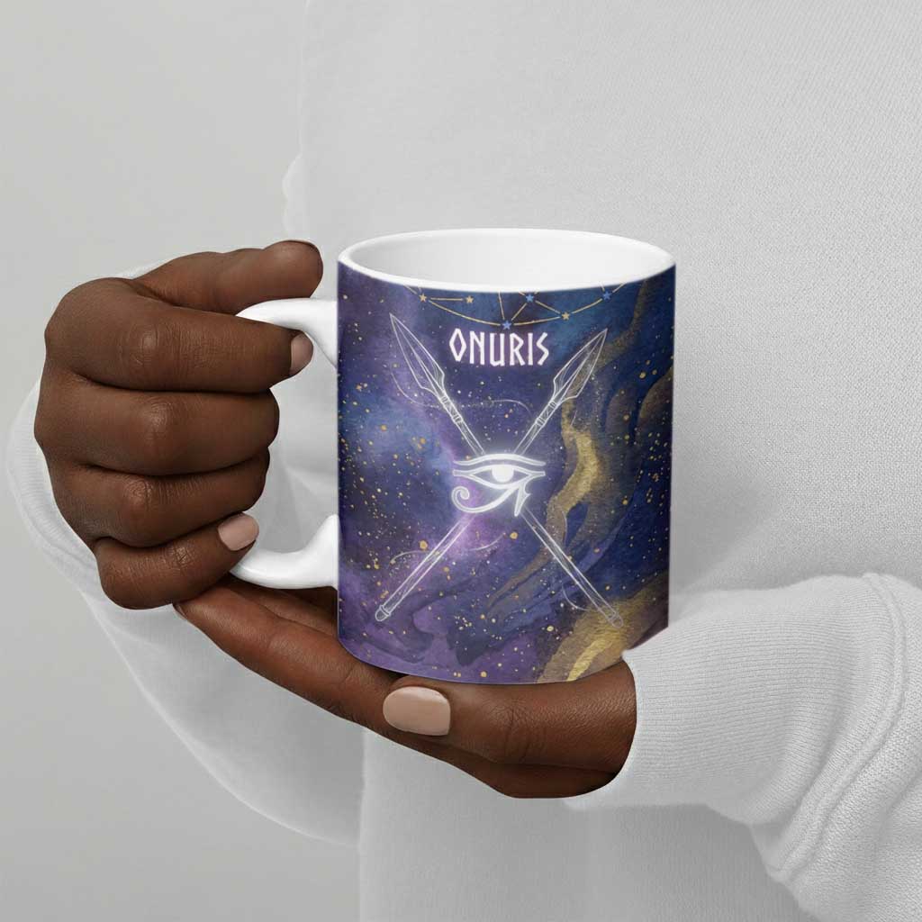 Onuris Ceramic Mug Cosmic Warrior Egyptian God Eye of Horus Spears Starry Night