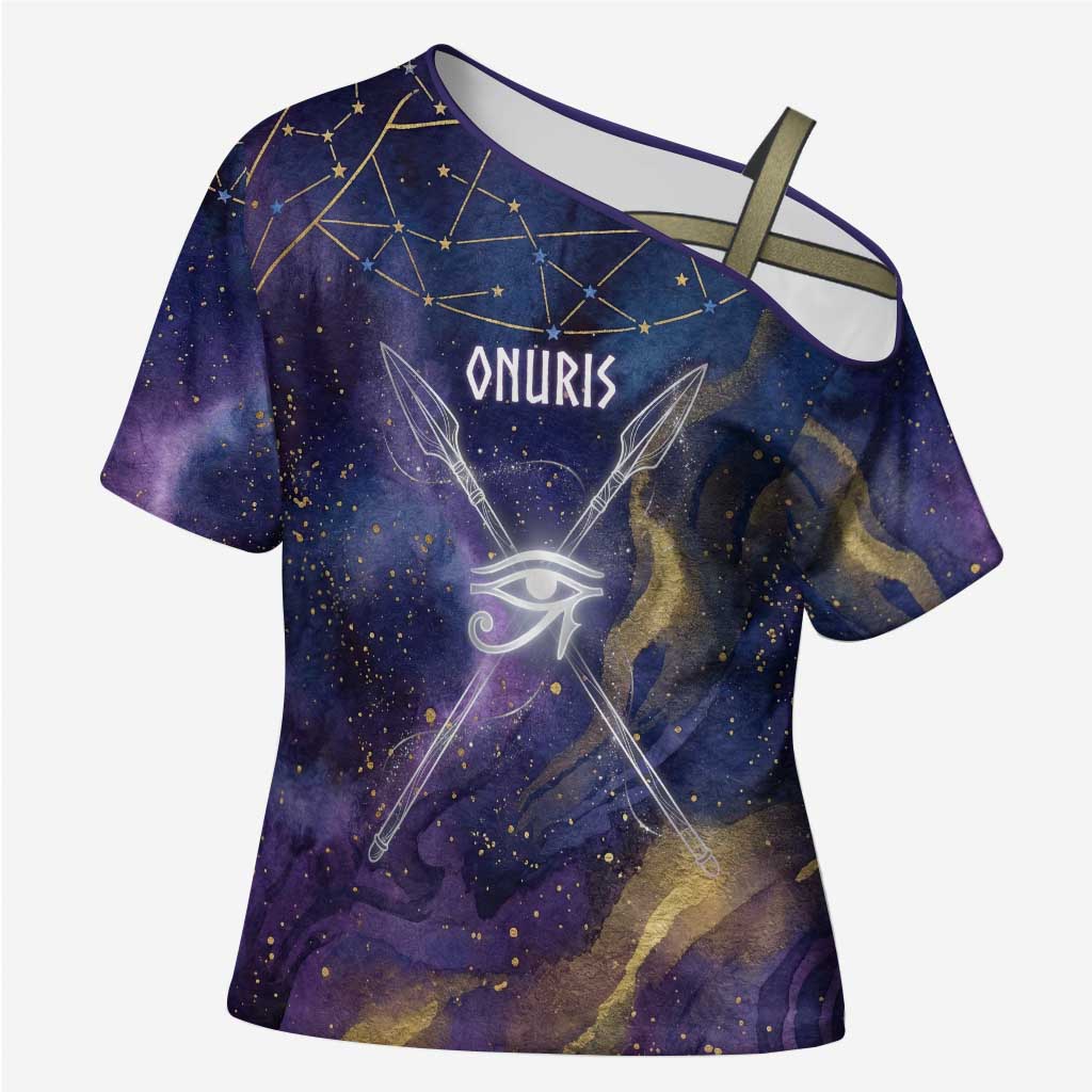 Onuris Cross Shoulder Shirt Cosmic Warrior Egyptian God Eye of Horus Spears Starry Night