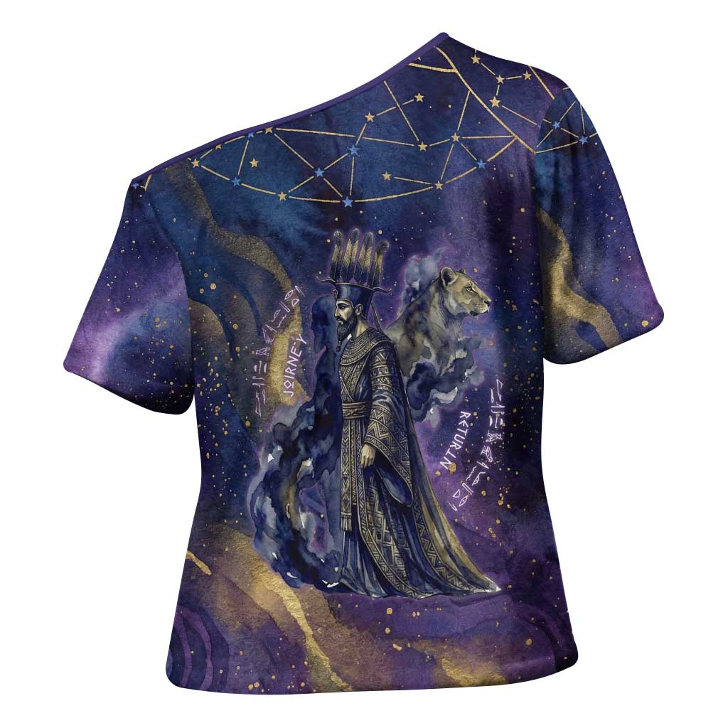 Onuris Cross Shoulder Shirt Cosmic Warrior Egyptian God Eye of Horus Spears Starry Night
