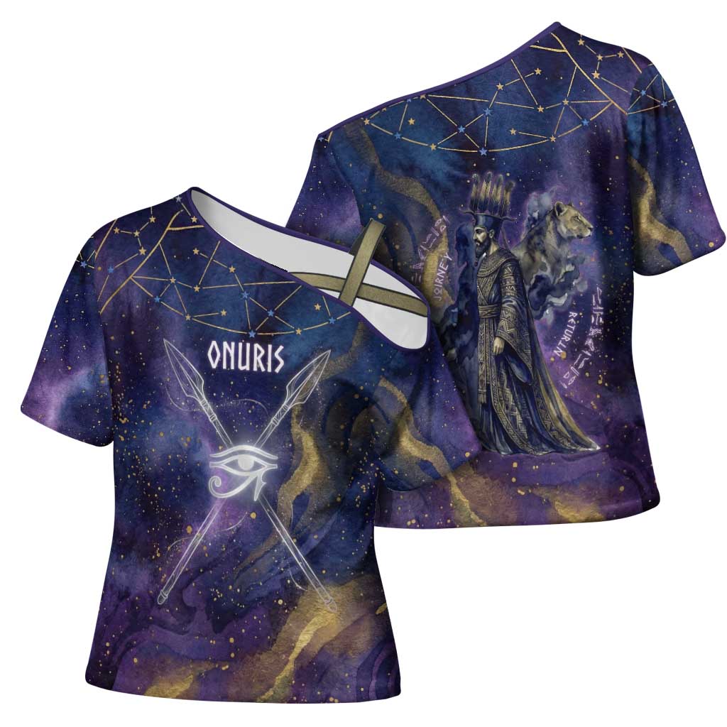 Onuris Cross Shoulder Shirt Cosmic Warrior Egyptian God Eye of Horus Spears Starry Night
