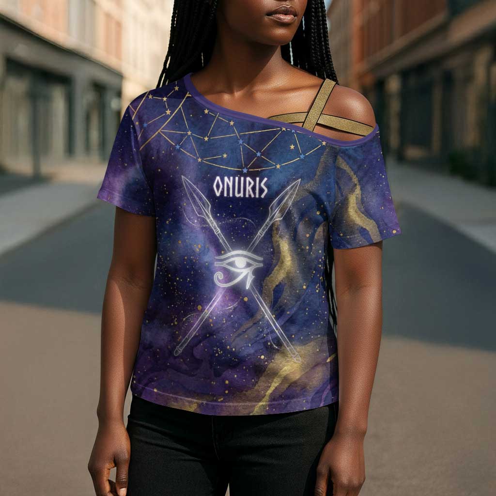 Onuris Cross Shoulder Shirt Cosmic Warrior Egyptian God Eye of Horus Spears Starry Night