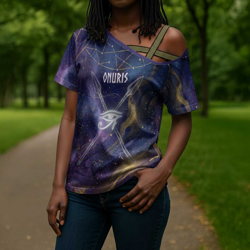 Onuris Cross Shoulder Shirt Cosmic Warrior Egyptian God Eye of Horus Spears Starry Night