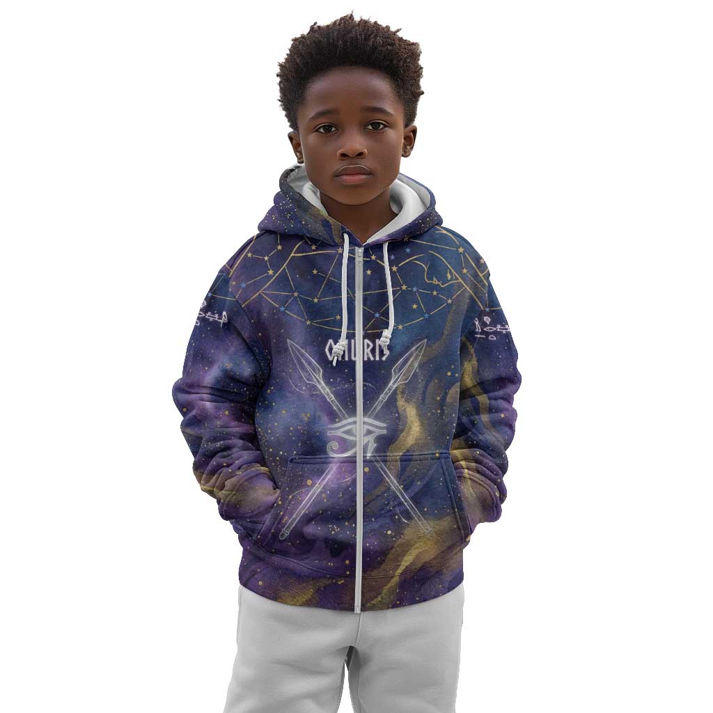 Onuris Kid Hoodie Cosmic Warrior Egyptian God Eye of Horus Spears Starry Night