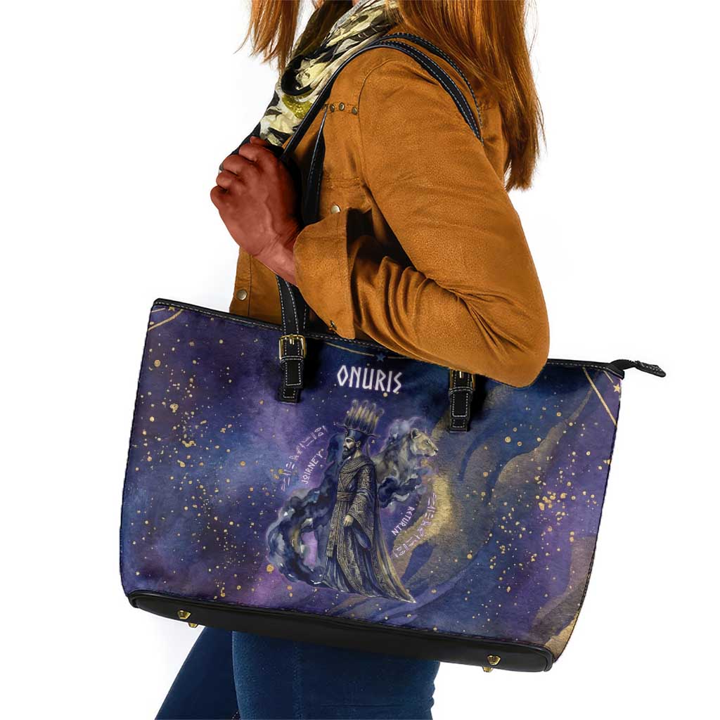 Onuris Leather Tote Bag Cosmic Warrior Egyptian God Eye of Horus Spears Starry Night