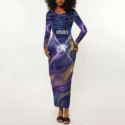 Onuris Long Sleeve Bodycon Dress Cosmic Warrior Egyptian God Eye of Horus Spears Starry Night