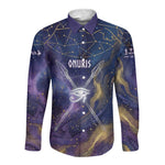 Onuris Long Sleeve Button Shirt Cosmic Warrior Egyptian God Eye of Horus Spears Starry Night