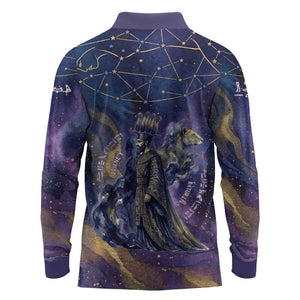 Onuris Long Sleeve Polo Shirt Cosmic Warrior Egyptian God Eye of Horus Spears Starry Night