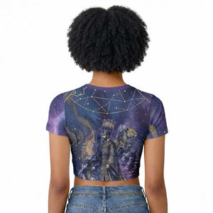 Onuris Raglan Cropped T shirt Cosmic Warrior Egyptian God Eye of Horus Spears Starry Night