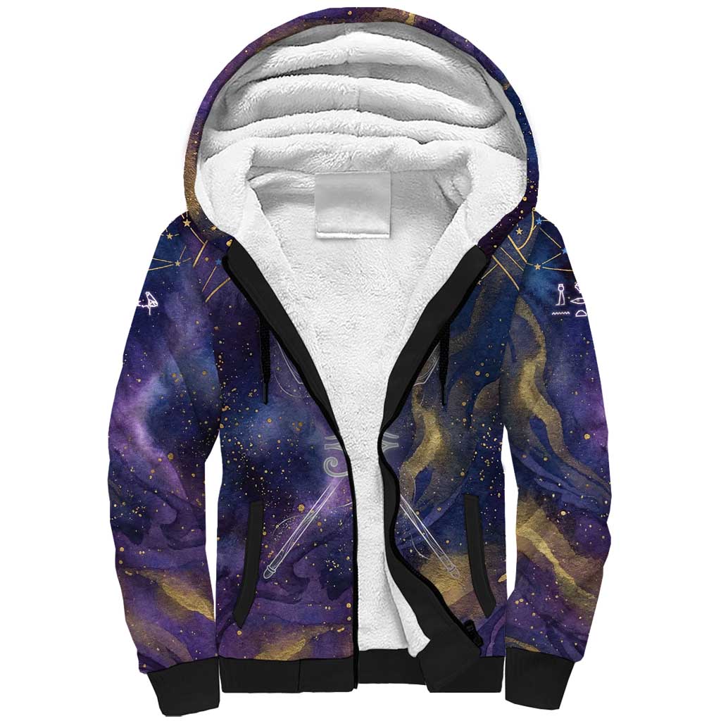 Onuris Sherpa Hoodie Cosmic Warrior Egyptian God Eye of Horus Spears Starry Night