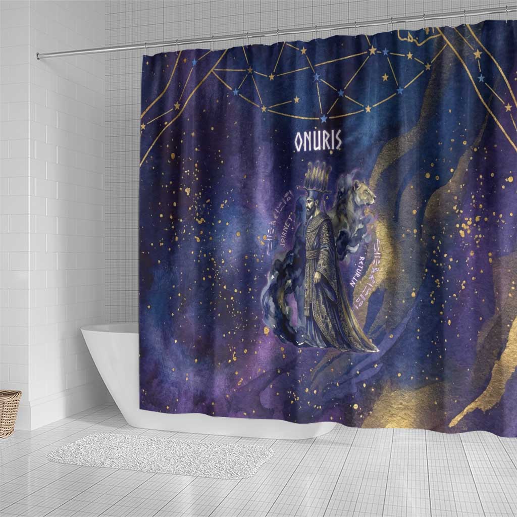 Onuris Shower Curtain Cosmic Warrior Egyptian God Eye of Horus Spears Starry Night