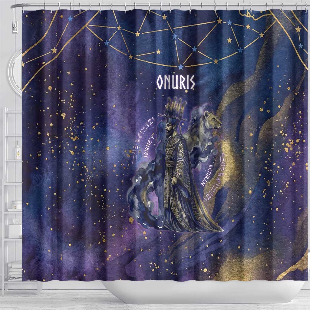 Onuris Shower Curtain Cosmic Warrior Egyptian God Eye of Horus Spears Starry Night