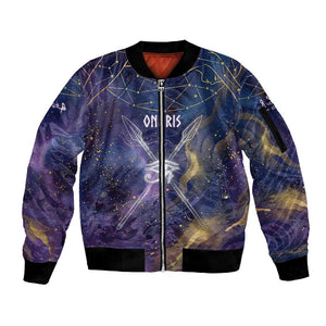 Onuris Sleeve Zip Bomber Jacket Cosmic Warrior Egyptian God Eye of Horus Spears Starry Night