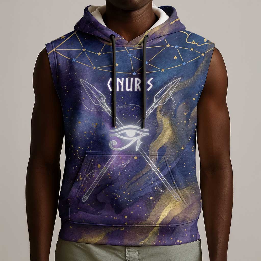 Onuris Sleeveless Hoodie Cosmic Warrior Egyptian God Eye of Horus Spears Starry Night