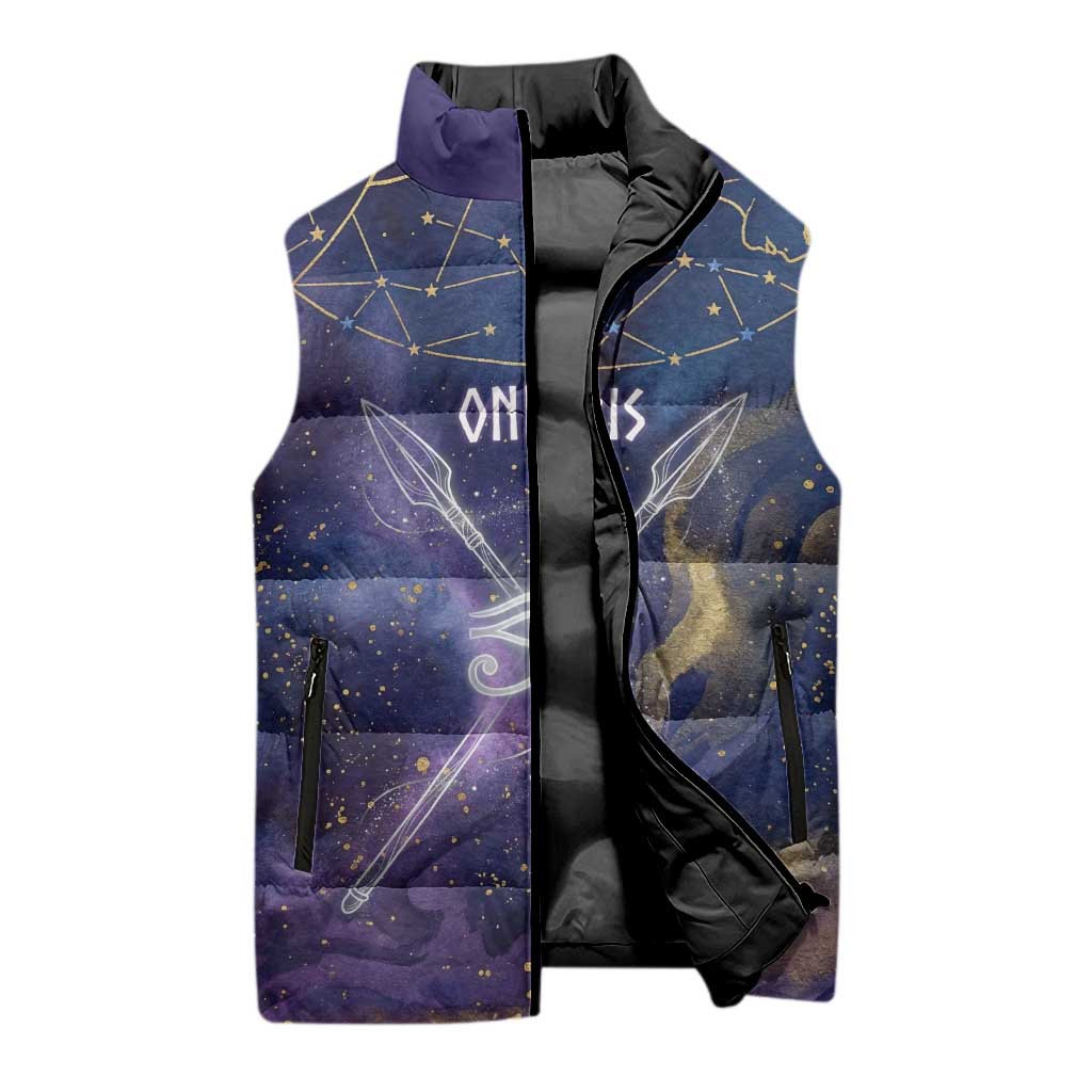 Onuris Sleeveless Puffer Jacket Cosmic Warrior Egyptian God Eye of Horus Spears Starry Night
