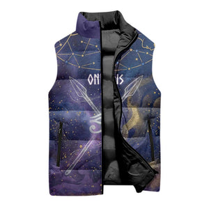 Onuris Sleeveless Puffer Jacket Cosmic Warrior Egyptian God Eye of Horus Spears Starry Night