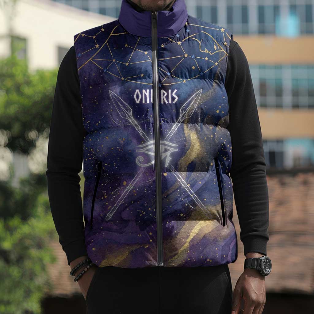 Onuris Sleeveless Puffer Jacket Cosmic Warrior Egyptian God Eye of Horus Spears Starry Night