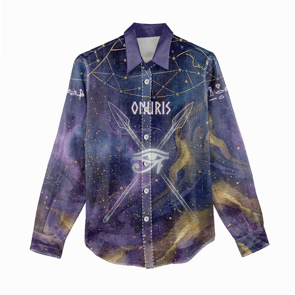 Onuris Women Casual Shirt Cosmic Warrior Egyptian God Eye of Horus Spears Starry Night