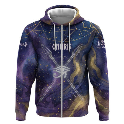 Onuris Zip Hoodie Cosmic Warrior Egyptian God Eye of Horus Spears Starry Night