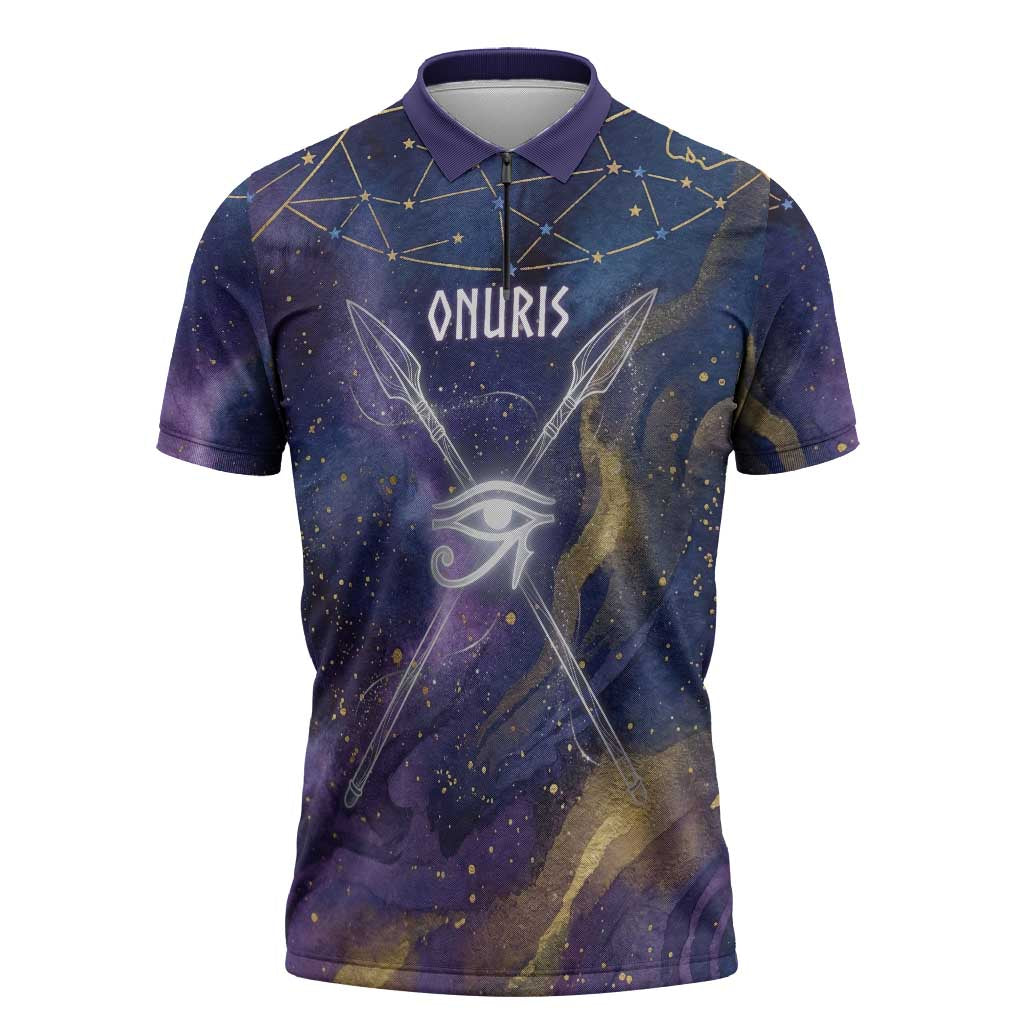 Onuris Zipper Polo Shirt Cosmic Warrior Egyptian God Eye of Horus Spears Starry Night