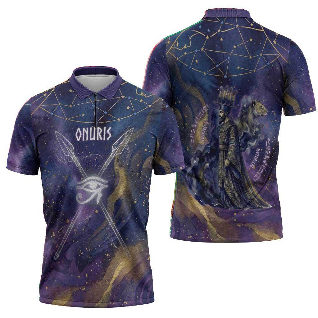 Onuris Zipper Polo Shirt Cosmic Warrior Egyptian God Eye of Horus Spears Starry Night