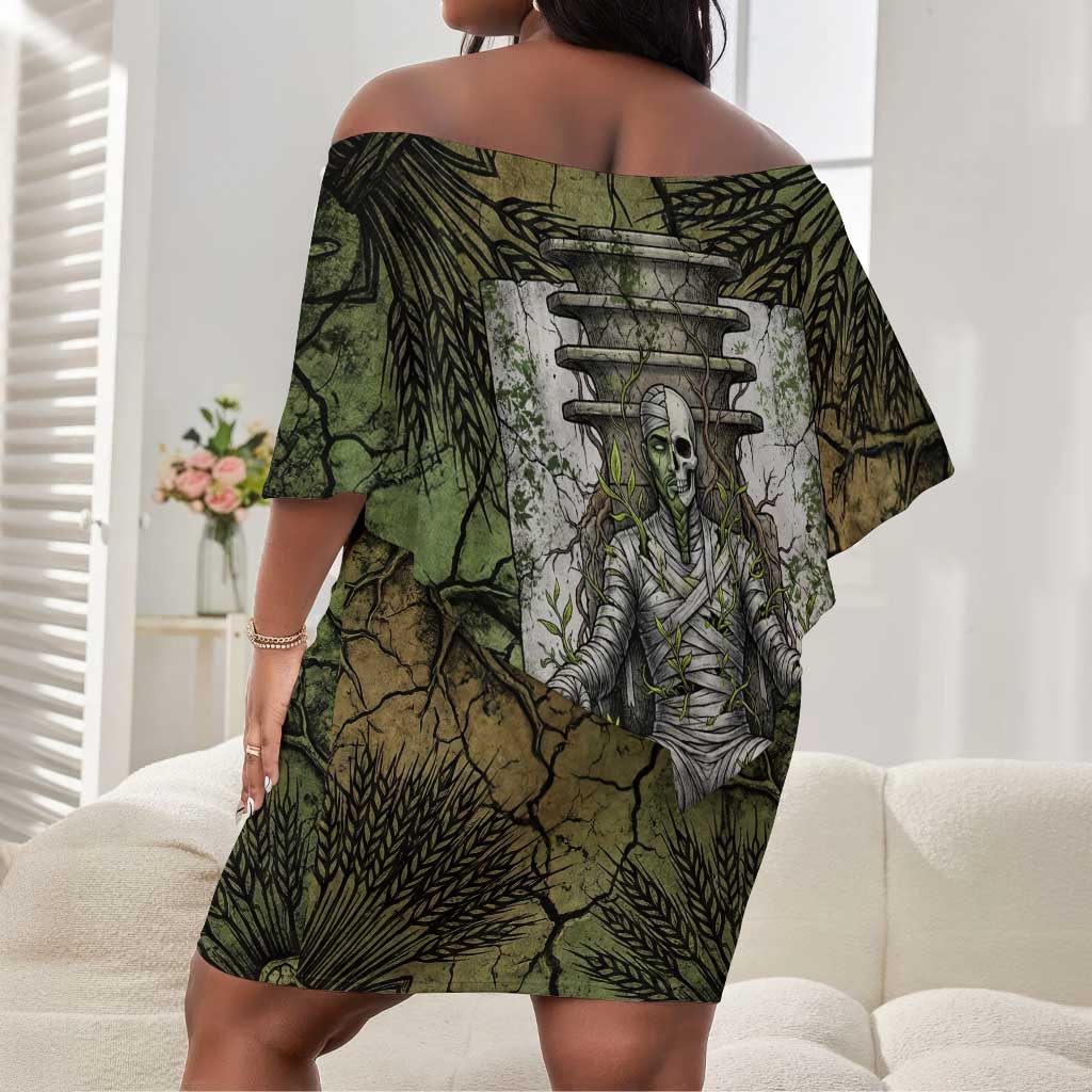 Osiris Off Shoulder Short Dress Lord of Eternity Egyptian God Throne Mummy Staffs Ancient