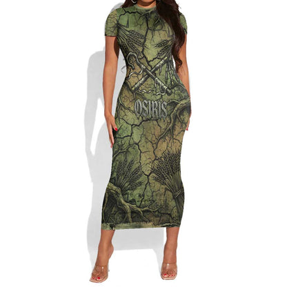 Osiris Short Sleeve Bodycon Dress Lord of Eternity Egyptian God Throne Mummy Staffs Ancient