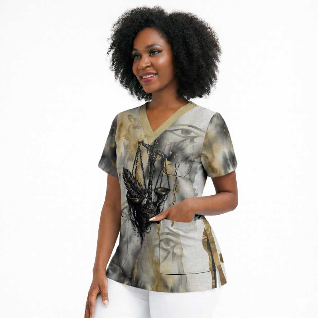 Osiris Egyptian Scrub Top God of Afterlife Feather Scale Judgment Eye of Horus