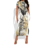 Osiris Egyptian Short Sleeve Bodycon Dress God of Afterlife Feather Scale Judgment Eye of Horus
