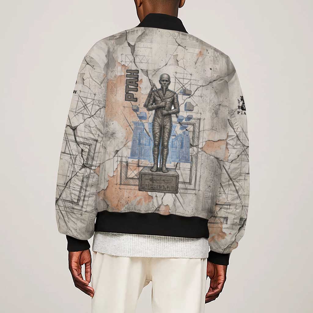 Ptah Egyptian Sleeve Zip Bomber Jacket God of Crafts Architecture Tools Fashioner of the Earth