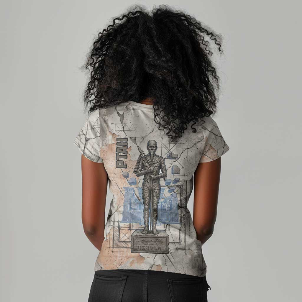 Ptah Egyptian Women V-Neck T-Shirt God of Crafts Architecture Tools Fashioner of the Earth