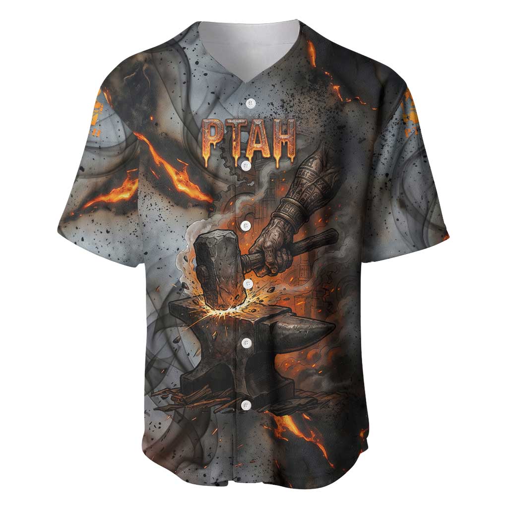 Ptah Egyptian Baseball Jersey God of Creation Great Artificer Hammer - Anvil Fire Forged