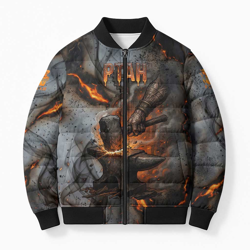 Ptah Egyptian Bomber Puffer Jacket God of Creation Great Artificer Hammer - Anvil Fire Forged