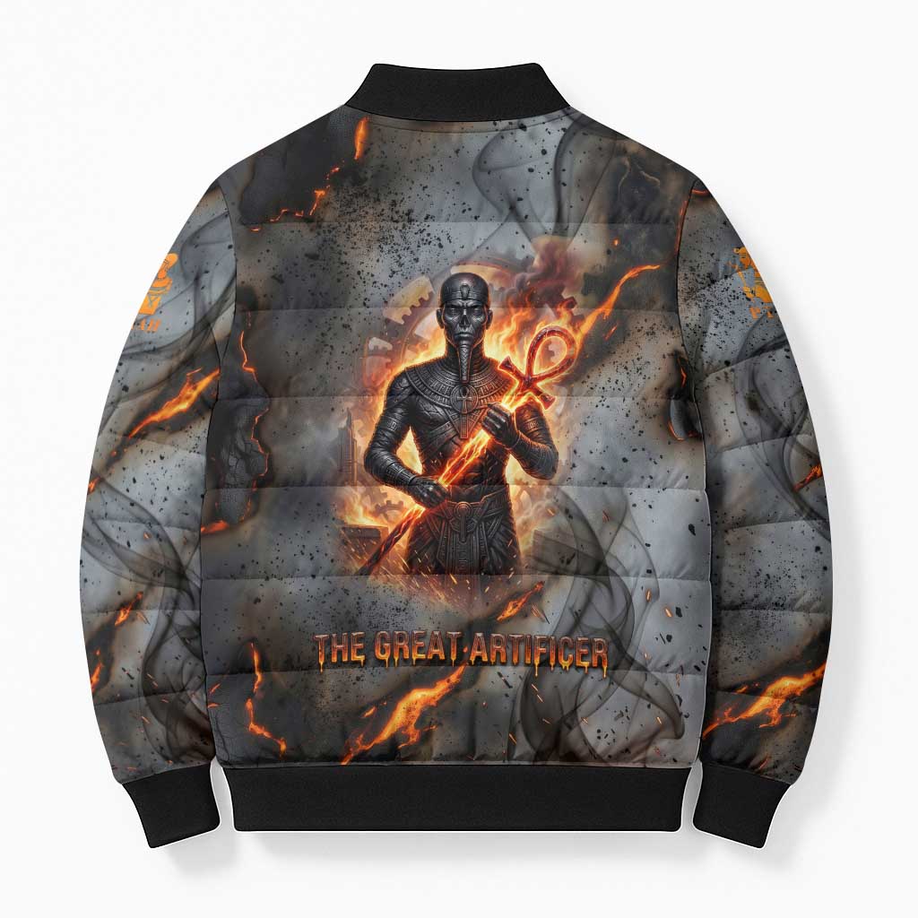 Ptah Egyptian Bomber Puffer Jacket God of Creation Great Artificer Hammer - Anvil Fire Forged
